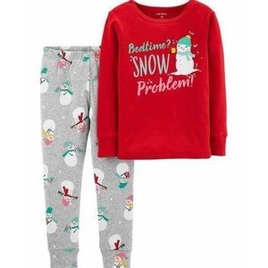 ⛄️ NWT Carters Girls Red Gray Cotton Snowman Winter Pajamas 18m